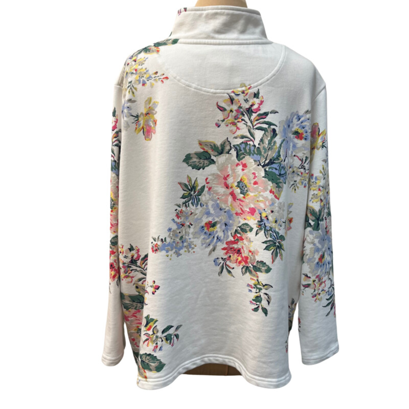 Joules ¼ Zip Pullover<br />
Floral Print<br />
With Pockets<br />
Cotton Blend<br />
White with a Rainbow of Colors<br />
Size: XLarge