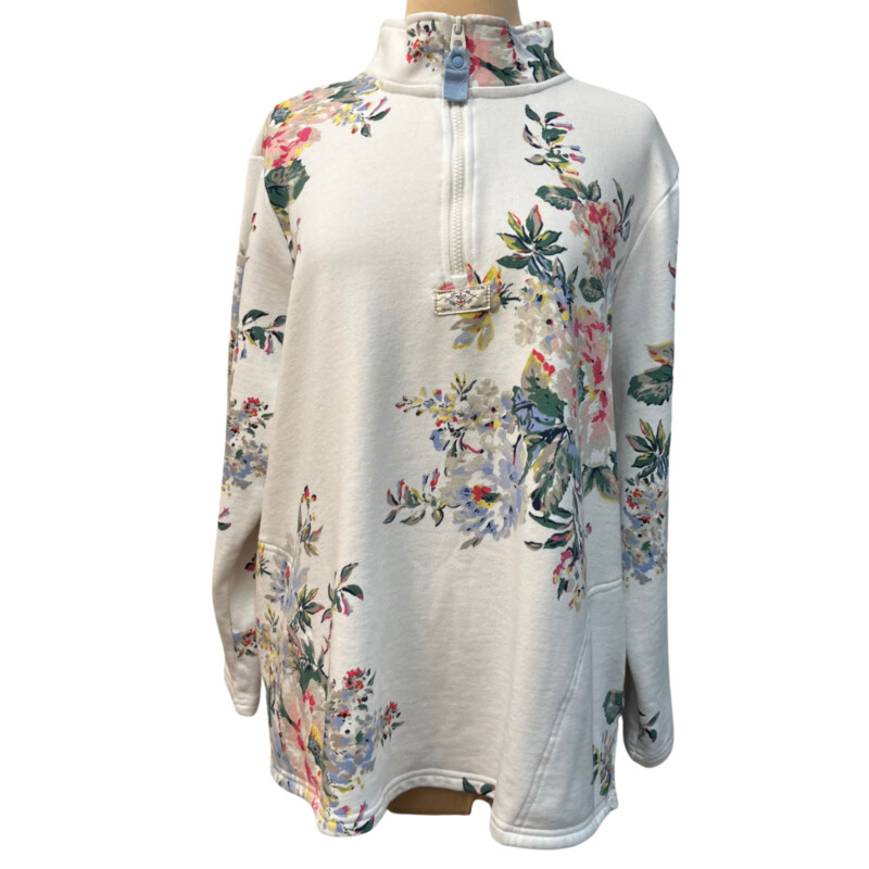 Joules ¼ Zip Pullover<br />
Floral Print<br />
With Pockets<br />
Cotton Blend<br />
White with a Rainbow of Colors<br />
Size: XLarge