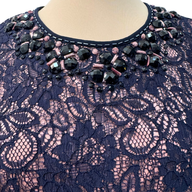 Adrianna Papell Dress<br />
Lace Overlay<br />
Bejeweled Collar<br />
Color: Navy and Blush<br />
Size: 8