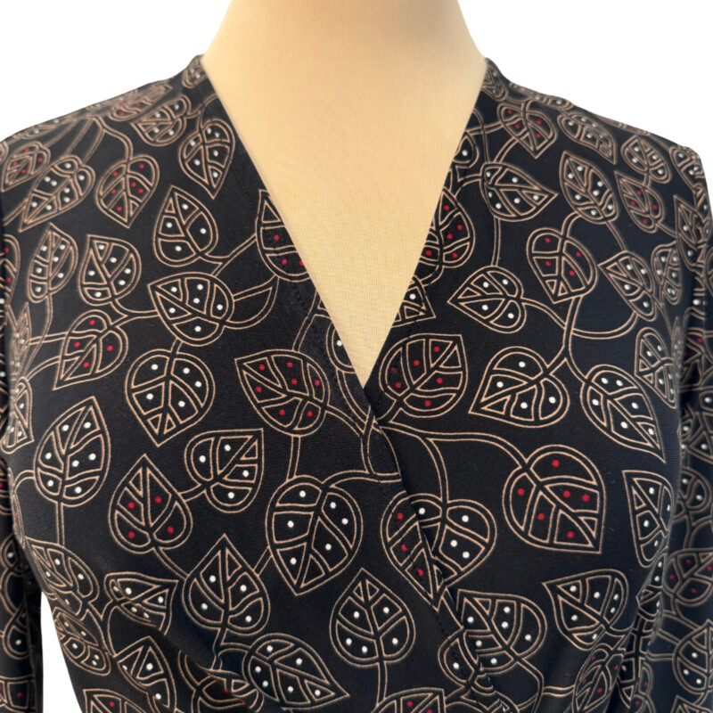 Anne Klein Leaf Print Dress<br />
Faux Wrap<br />
Color: Black, Brown, White, and Red<br />
Size: Small