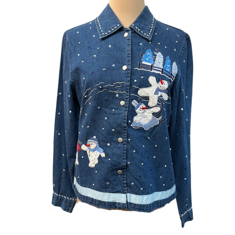 New Dressbarn Holiday Top<br />
Embroidered Snowmen Trees<br />
Beaded Detail<br />
Colors:  Denim, White and Red<br />
Size: Small<br />
Retails for $26.99